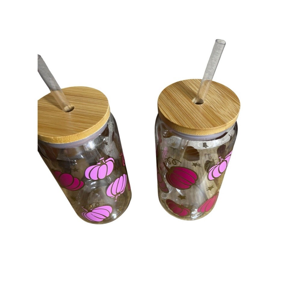 Pink Pumpkin Glass‎ Can Tumbler Set w/ Lid & Straw – 16oz Fall Halloween Cups - Picture 2 of 7